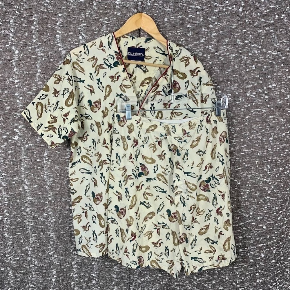 Vintage Puritan‎ Men's Pajama Set Fish Ducks Print AOP Shorts/Short Sleeve